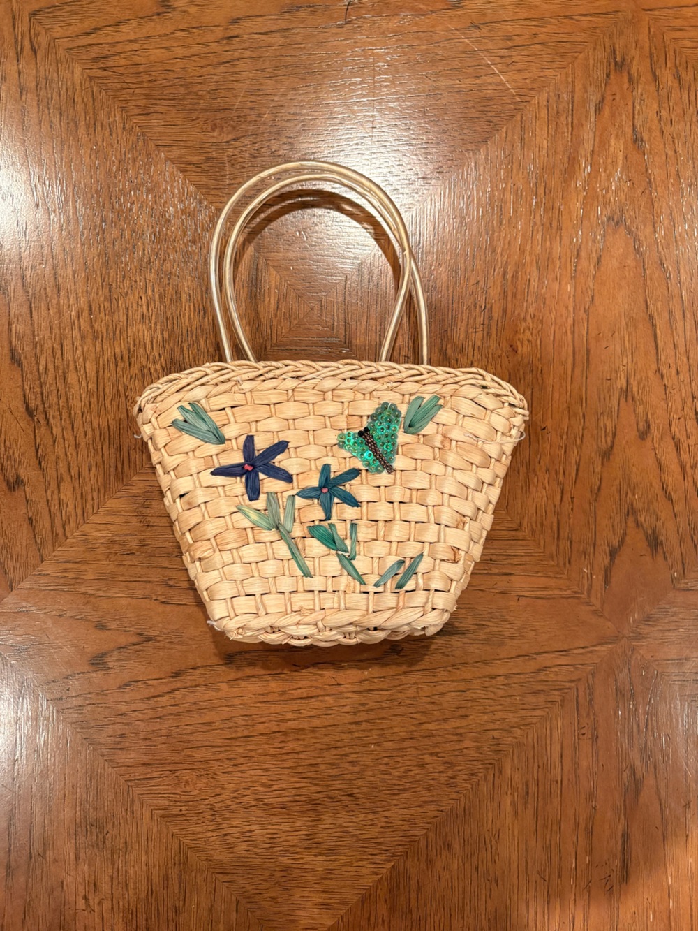Woven Straw Hand Bag with Floral Embroidery and Blue Striped Inside